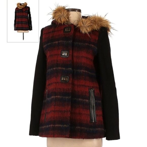 Elevenses Wool blend Hooded Coat with Detachable Faux Fur Tartan Sz XSMALL - Picture 7 of 16